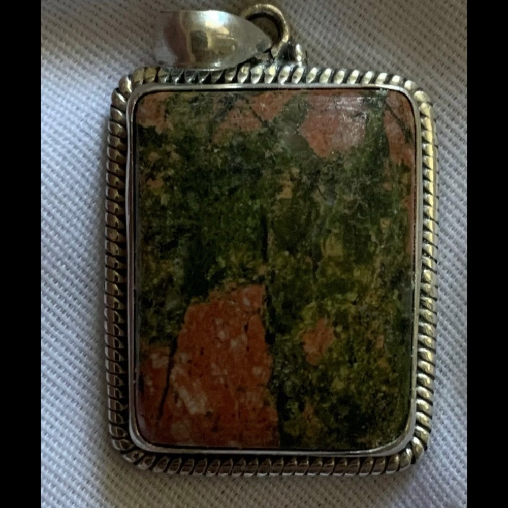 Vintage Unakite Gemstone Pendant Sterling Silver
